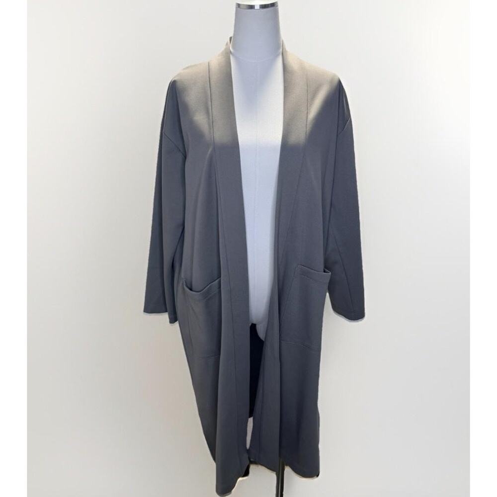 Eileen Fisher Cardigan Womens Medium Gray Open Front Long Jacket Tencel Blend